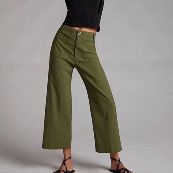 Anthropologie Maeve Colette Magic Fabric Crop Wide Leg Pants Dark Green Sz 26 - Picture 1 of 9